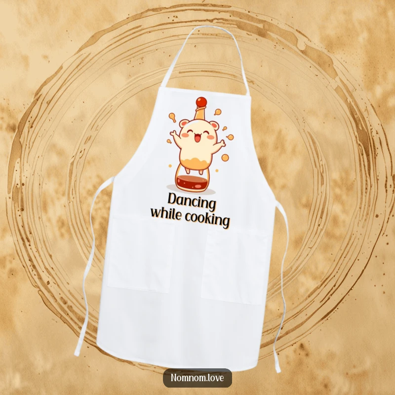 Funny bao bun apron, joyfully dancing on a soy sauce bottle, a humorous and practical accessory for any kitchen.