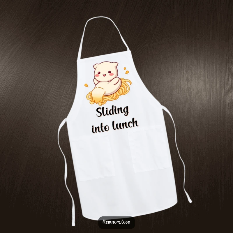 Funny dumpling apron, smiling and sliding down a noodle strand, a humorous and practical accessory for any kitchen.