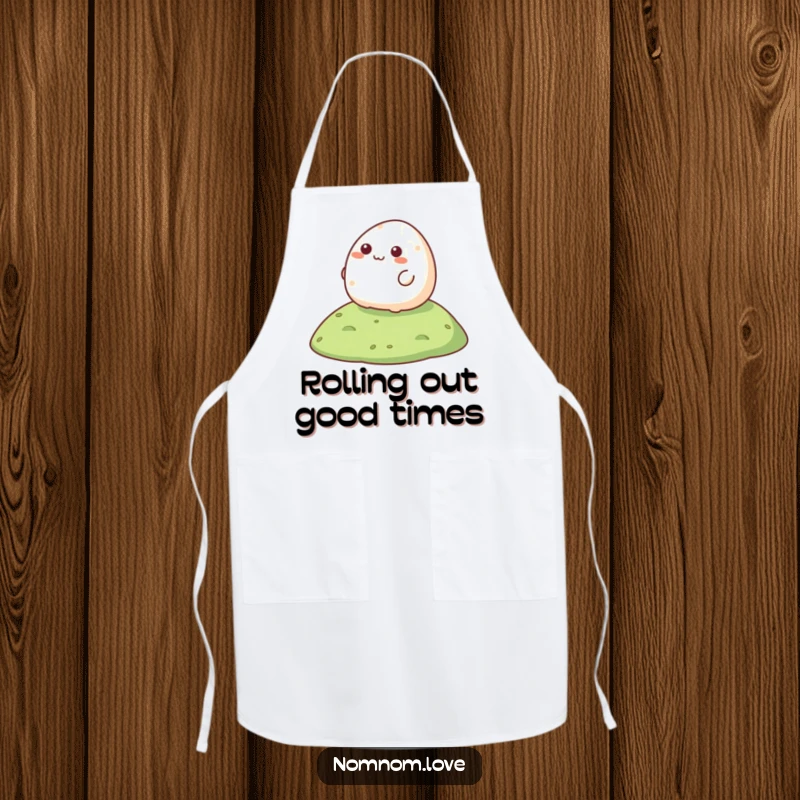Funny Mochi Apron depicting a happy mochi enthusiastically rolling down a hill, ideal for kitchen fun.