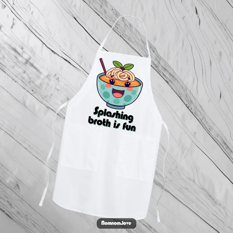 Funny ramen apron featuring a happy, bouncing ramen bowl character, adding humor to cooking and baking.
