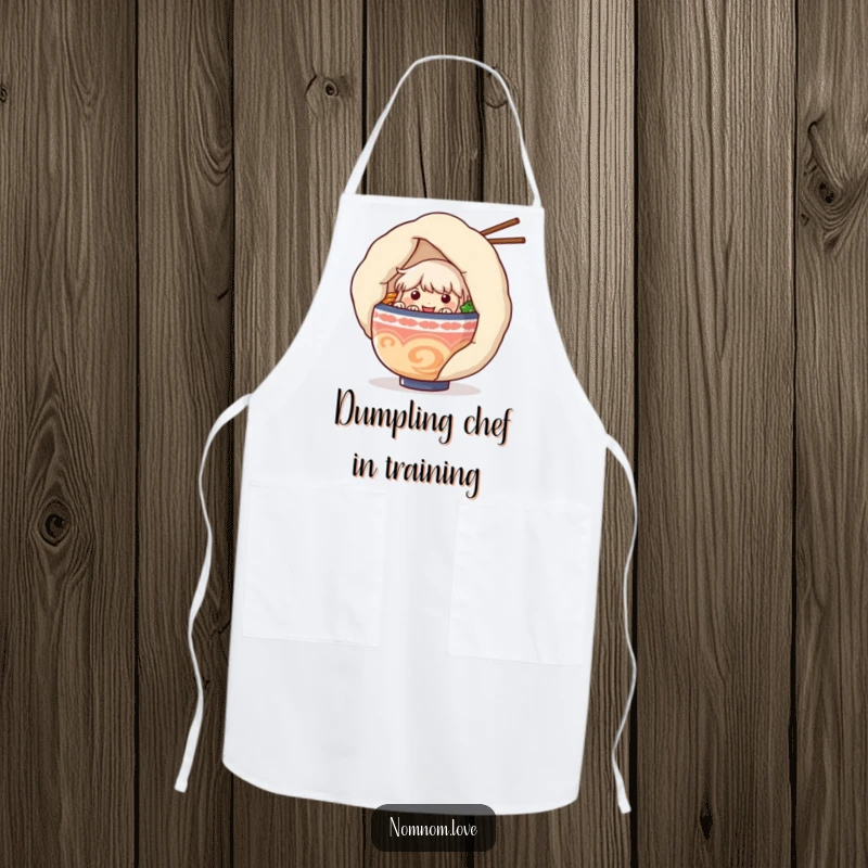 Funny ramen bowl character peeking from behind a large dumpling on a chef's apron, adding a humorous touch to kitchen activities.