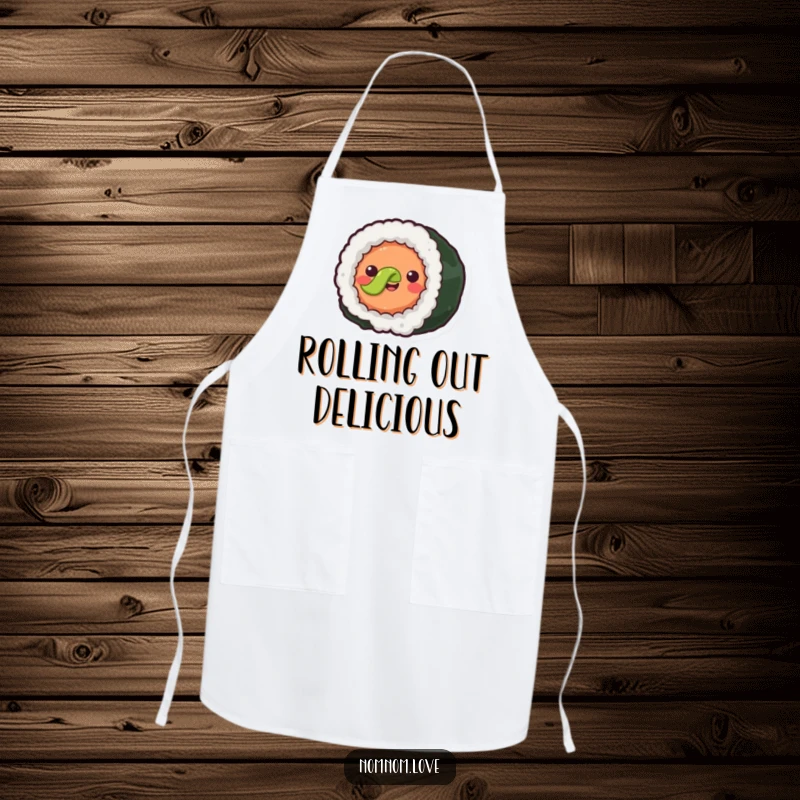 Funny joyful sushi roll with simple eyes rolling forward. This apron is perfect for kitchen duties and spreads food joy.