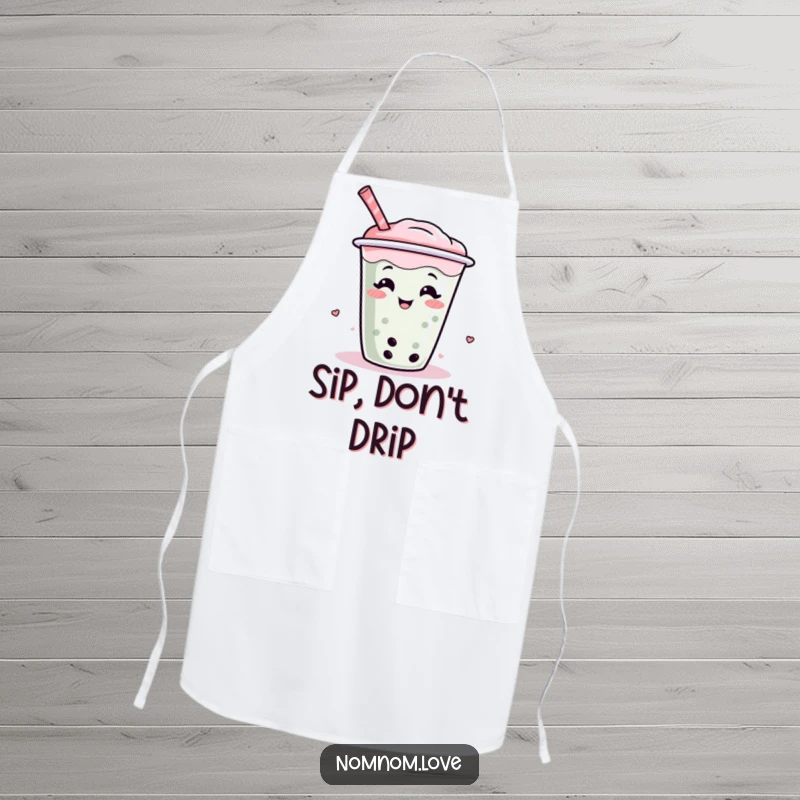 Funny boba tea apron featuring a giggling, wiggling boba cup character, adding humor to cooking and baking.