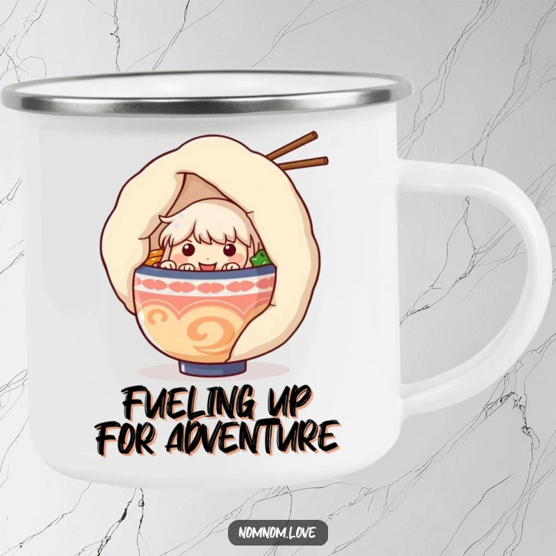 Funny ramen bowl character peeking from behind a giant dumpling on a sturdy camping mug, perfect for outdoor adventures and humorous sipping.