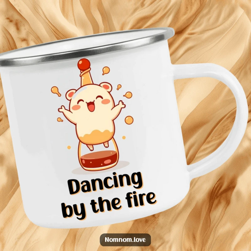 Funny bao bun camping mug, happily dancing on a soy sauce bottle, great for outdoor beverages with a touch of culinary humor.