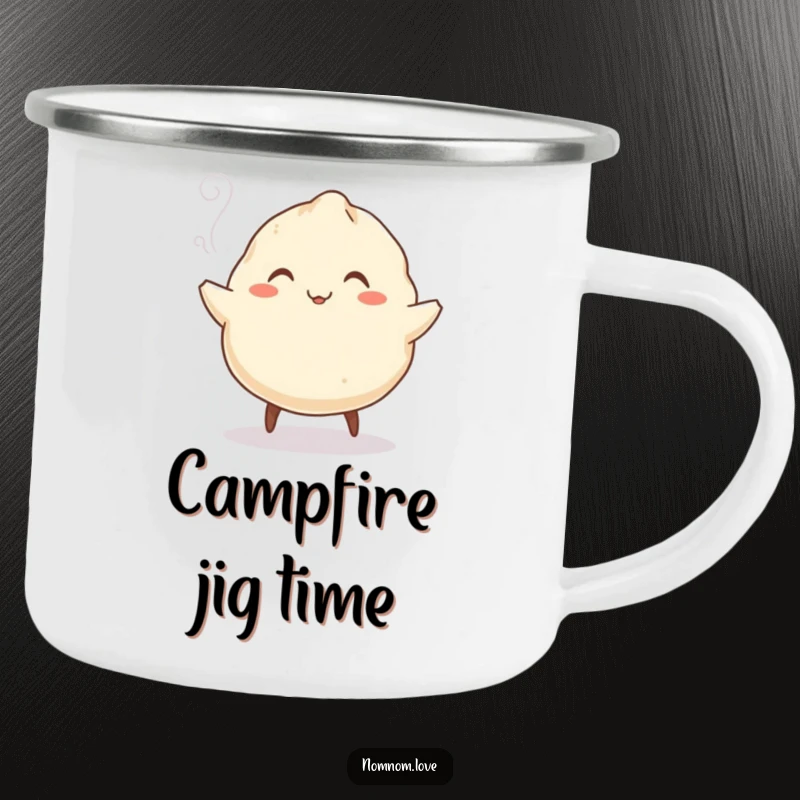 Funny Dumpling Camping Mug: A smiling dumpling jigs with rising steam, a durable and funny companion for outdoor enjoyment.