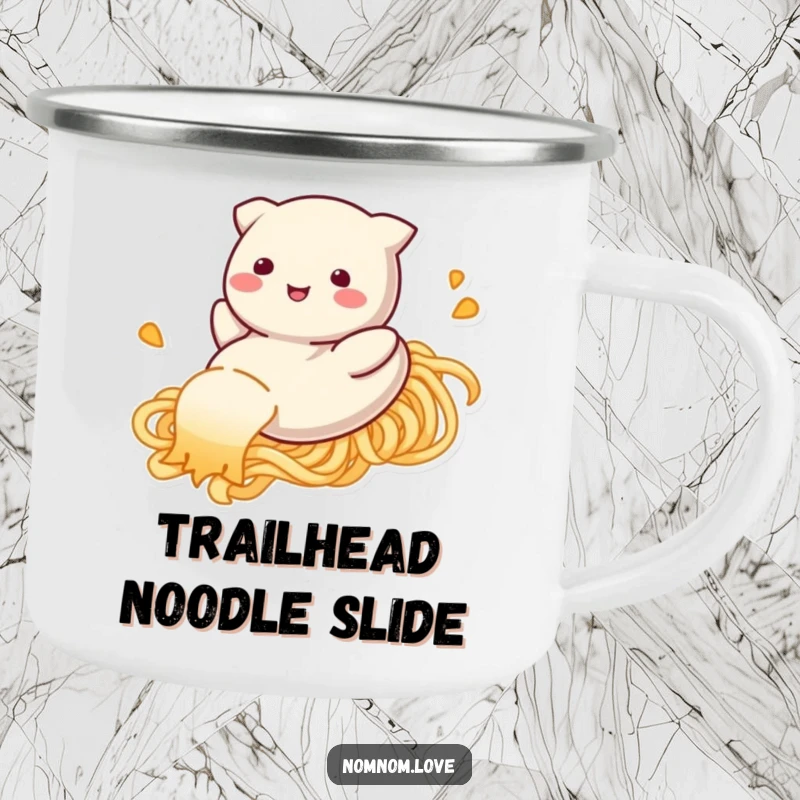 Funny dumpling camping mug, happily sliding down a noodle strand, great for outdoor beverages with a touch of culinary humor.