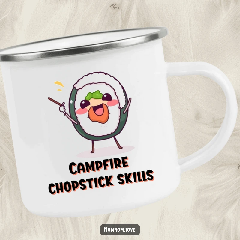 Funny sushi roll camping mug, joyfully juggling chopsticks, perfect for outdoor beverages with a touch of culinary humor.