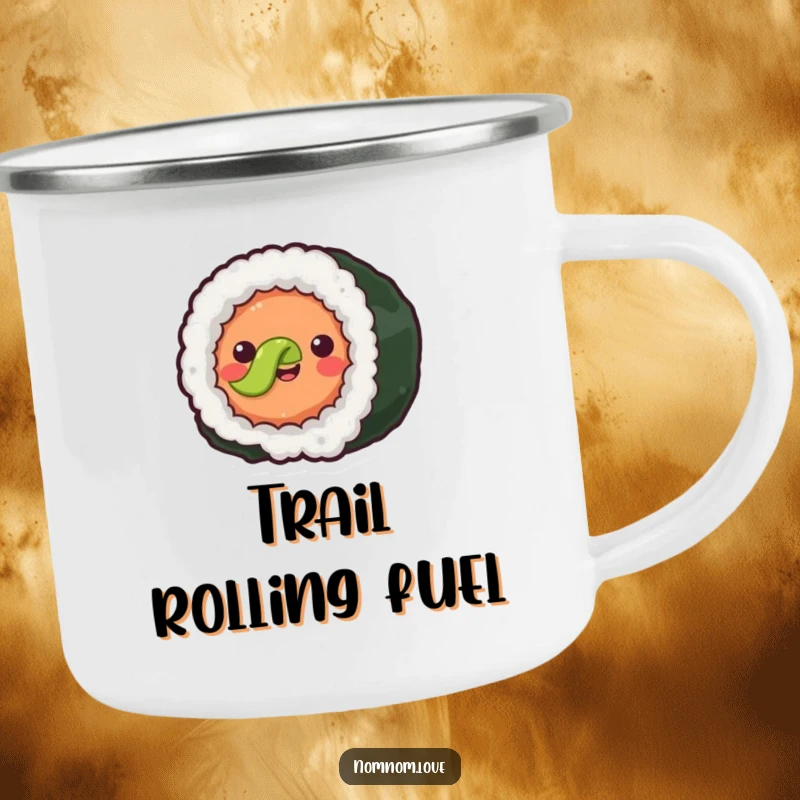 Funny joyful sushi roll with simple eyes happily rolling forward. This camping mug adds food fun to outdoor adventures.