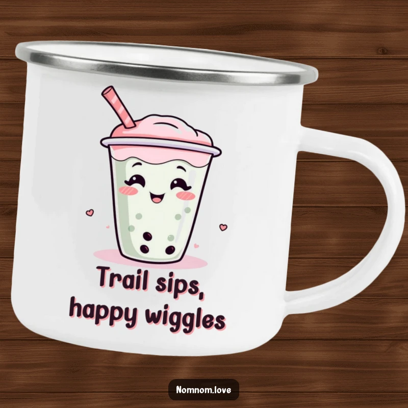 Funny boba tea camping mug with a giggling, wiggling boba cup character, durable and fun for any adventure.