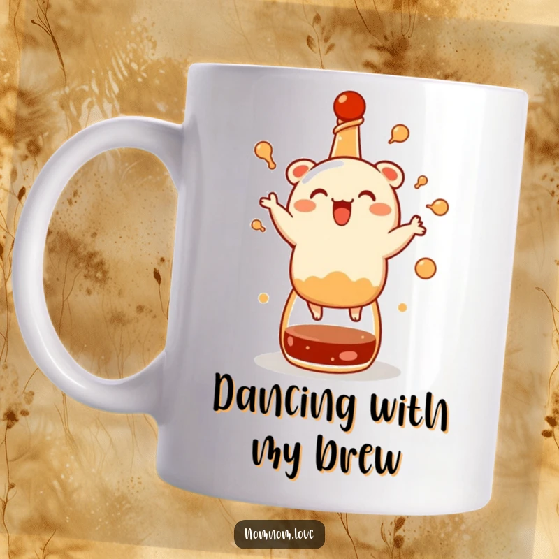 Funny bao bun mug, joyfully dancing on a soy sauce bottle, embodying pure delight and culinary happiness.