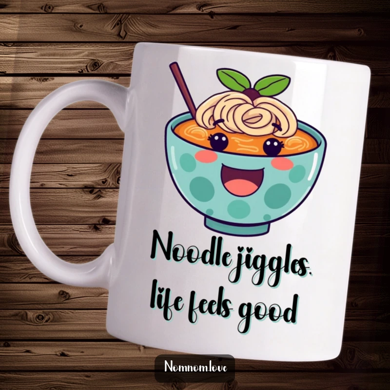 Funny ramen bowl mug with a smiling face happily bouncing in delicious broth, perfect for noodle soup lovers.