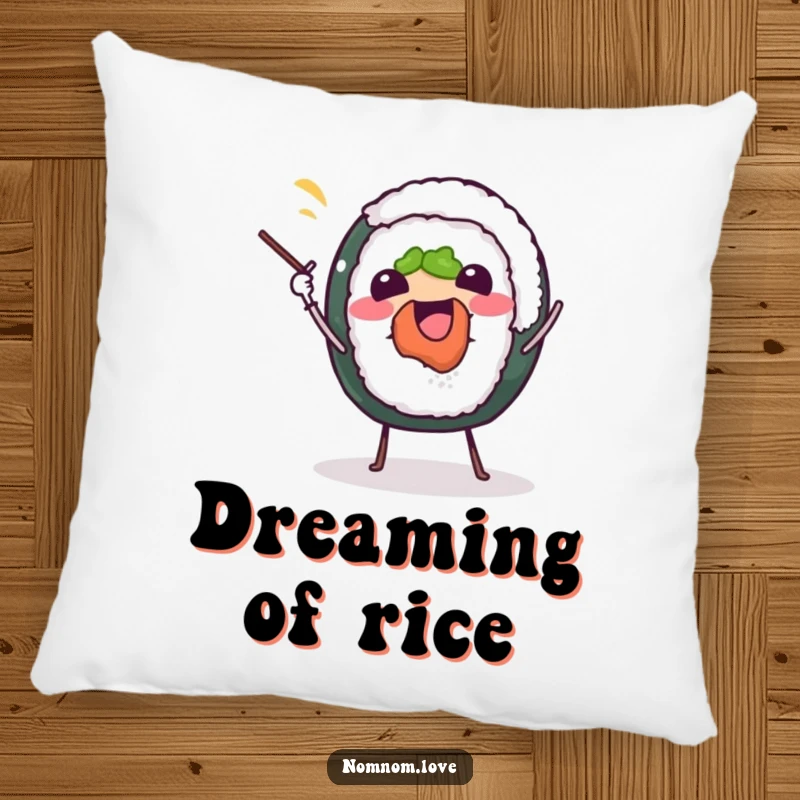 Funny sushi roll pillow, joyfully juggling chopsticks, offering comfort and a touch of culinary humor.