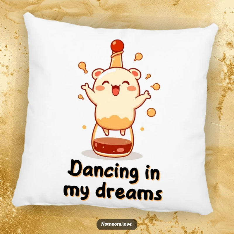 Funny bao bun pillow, happily dancing on a soy sauce bottle, offering comfort and a touch of culinary humor.