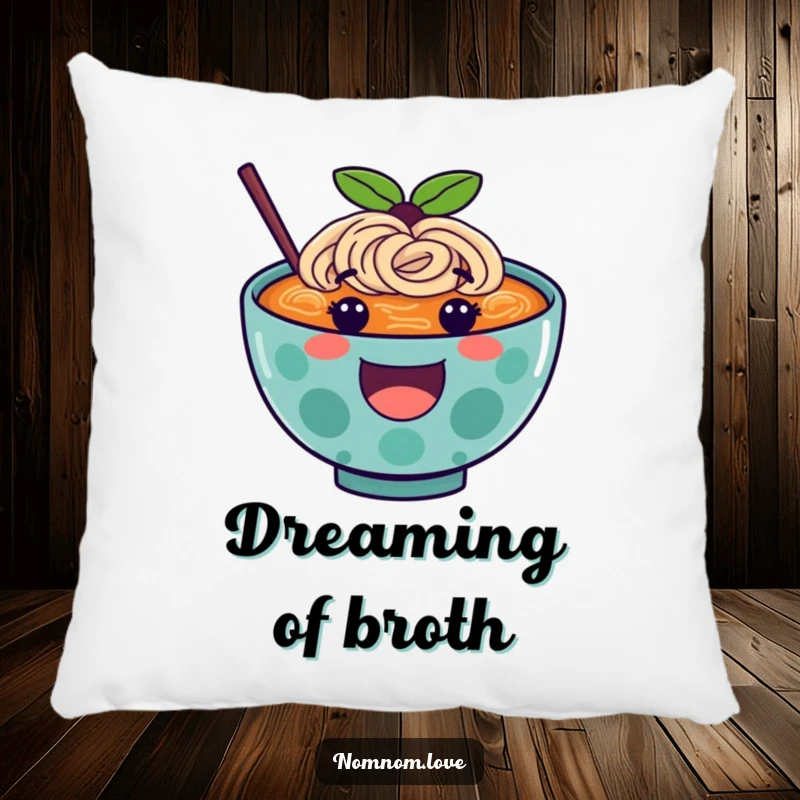 Funny ramen pillow showing a happy ramen bowl character bouncing playfully, perfect for adding cheer to furniture.