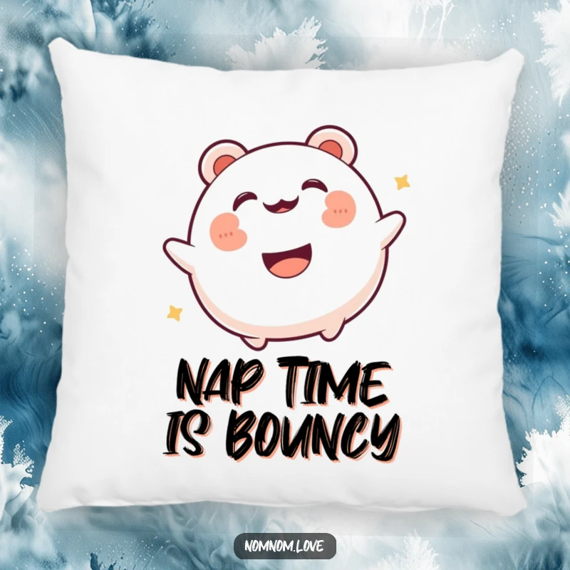 Funny gleeful bao bun caught in a happy, energetic bounce. This pillow offers comfort and delightful food-themed cheer.