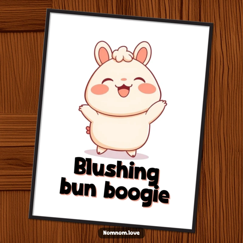 Funny Bao Bun Digital Art: A delighted bao bun dances with blushing cheeks, a hilarious and charming illustration for instant download.