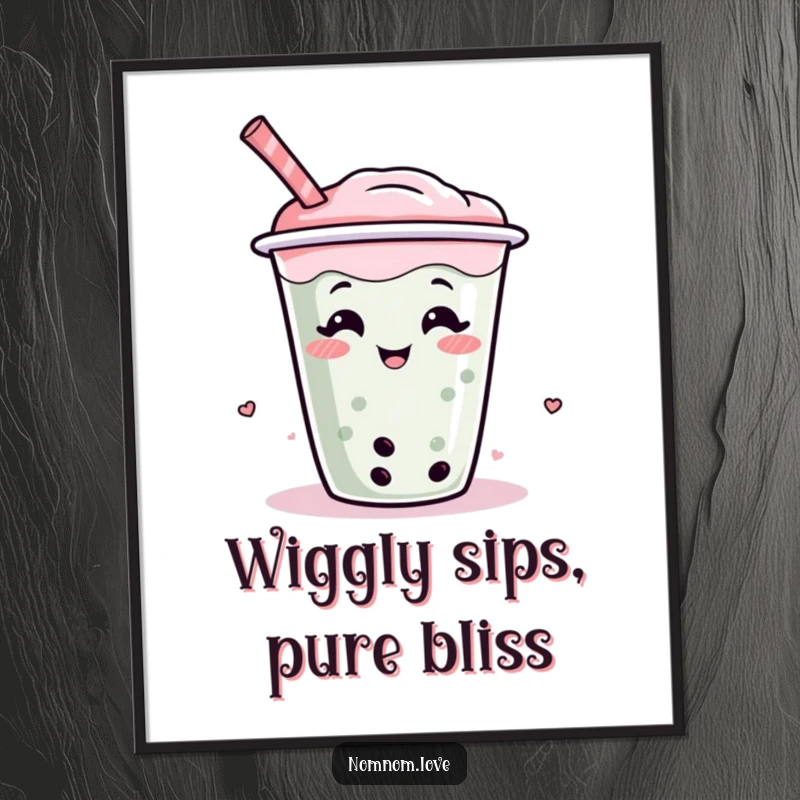Funny boba tea digital art print of a giggling, wiggling boba cup character, perfect for vibrant and humorous wall art.