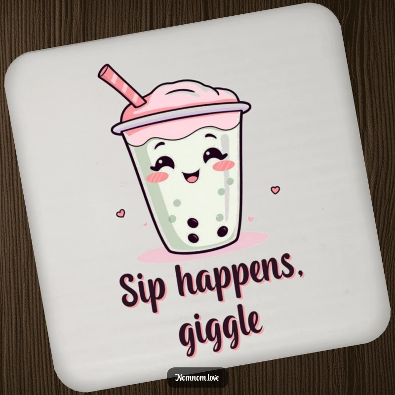 Funny boba tea coaster displaying a giggling, wiggling boba cup character, adding humor to drink protection.