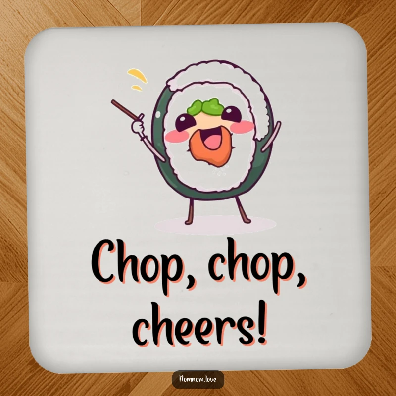 Funny sushi roll drink coasters, joyfully juggling chopsticks, providing surface protection with adorable culinary humor.