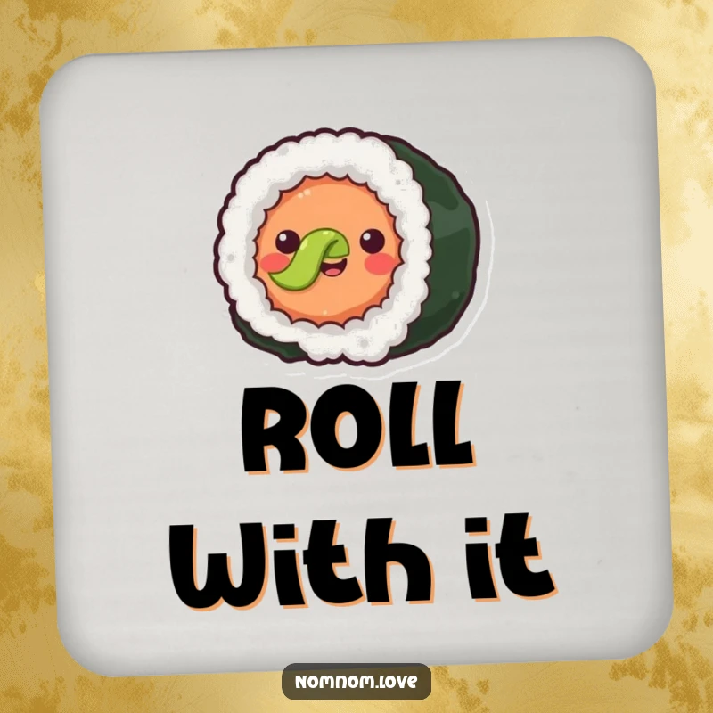 Funny joyful sushi roll with simple eyes rolling forward happily. These coasters bring food fun to any gathering.