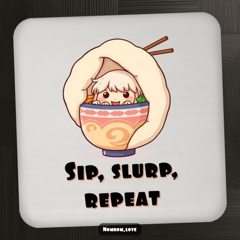 Funny ramen bowl character peeking from behind a large dumpling on a drink coaster, adding humor to beverage service.