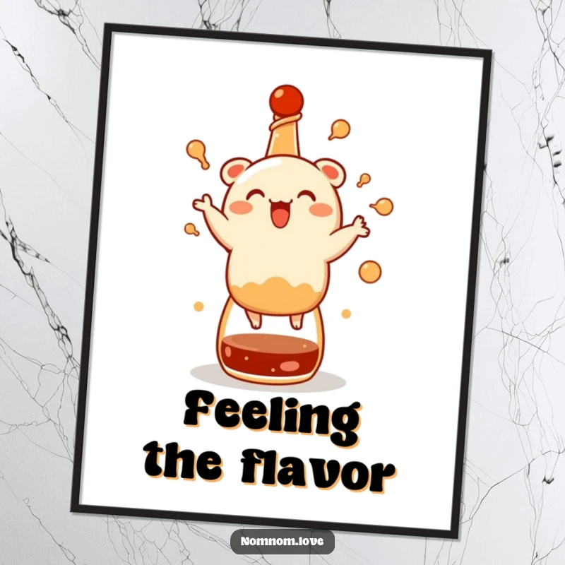 Funny bao bun poster, joyfully dancing on a soy sauce bottle, a cheerful and humorous piece of food-themed wall art.