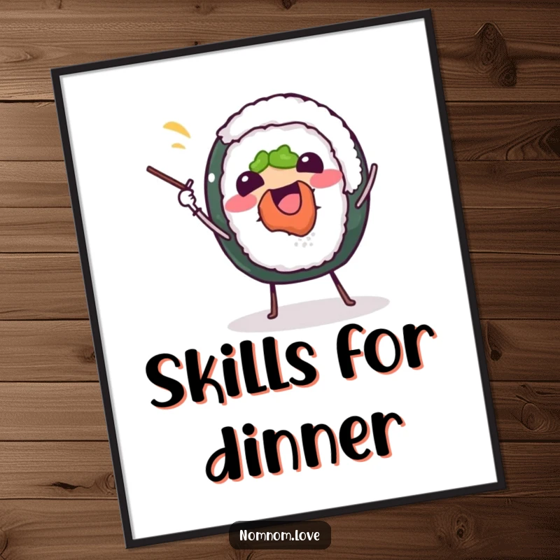 Funny sushi roll poster, joyfully juggling chopsticks, a cheerful and humorous piece of food-themed wall art.