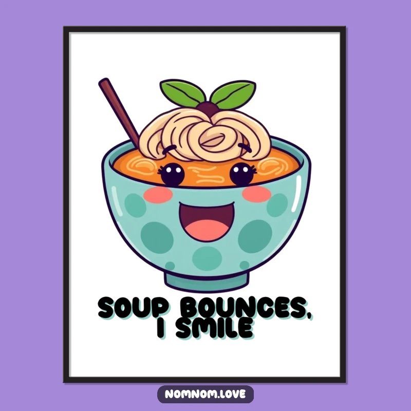 Funny Ramen Poster A Happy Character Bounces, Vibrant Wall Art For Kitchen