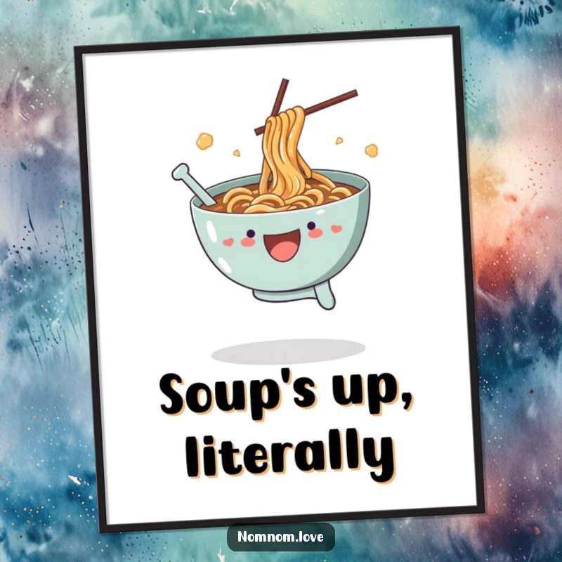 Funny Ramen Poster: A joyful bowl of ramen leaps hilariously, broth splashing, bringing vibrant, funny energy to any wall.