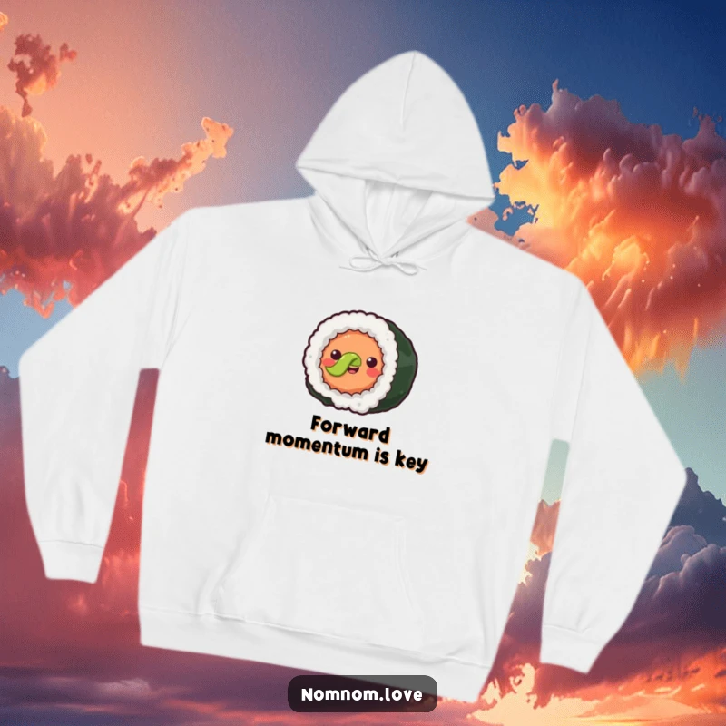 Funny joyful sushi roll with simple eyes rolling forward with a smile. This hoodie brings warmth and delightful food-themed humor.