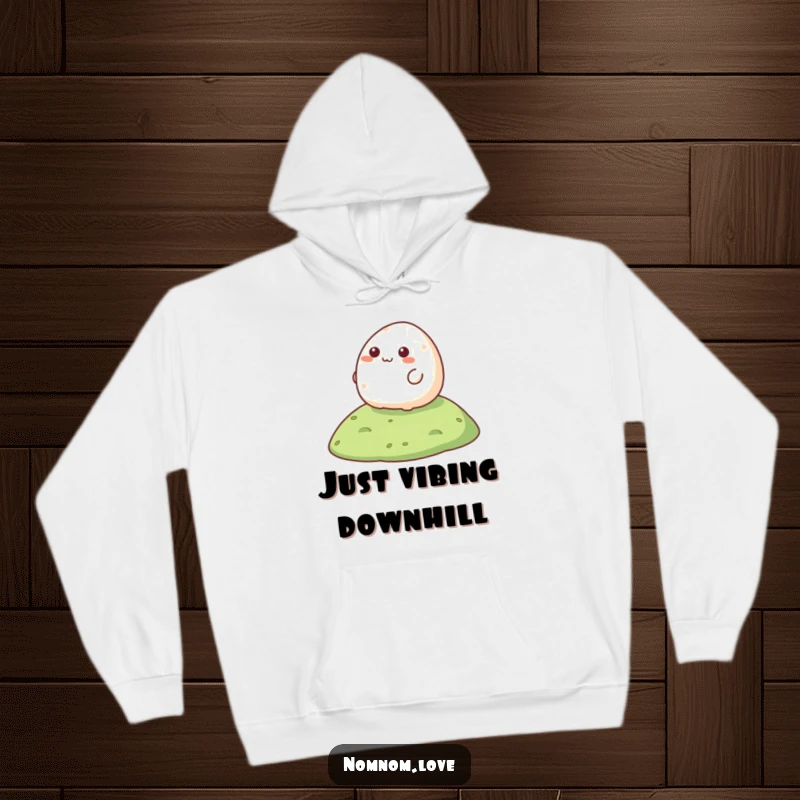 Funny Mochi Hoodie with a happy mochi character enthusiastically rolling down a hill, perfect for cozy laughs.