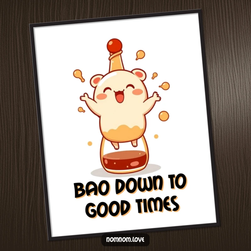 Funny Free Printable Wall Art: A delighted bao bun character energetically dancing on a soy sauce bottle, full of joy.