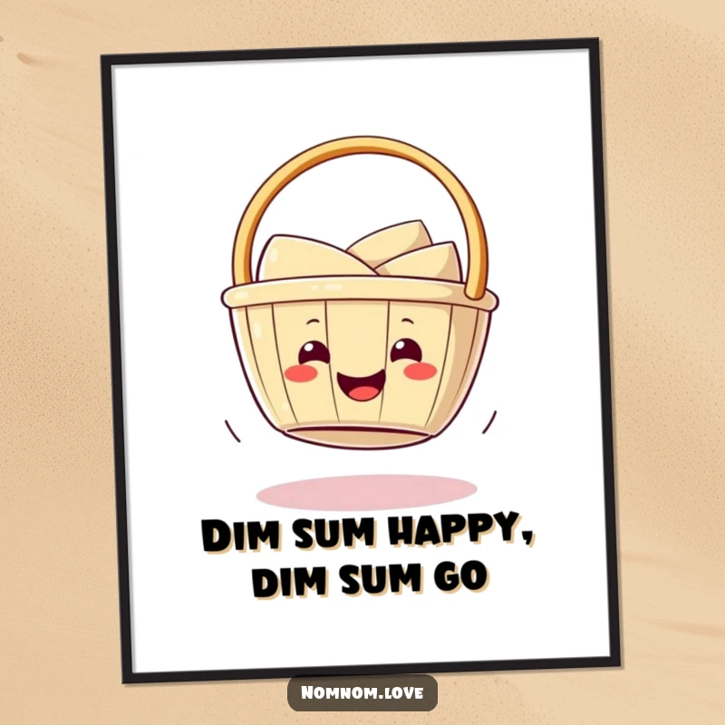 Funny Free Printable Wall Art: Smiling dim sum basket playfully wobbles on its bottom, radiating happiness.