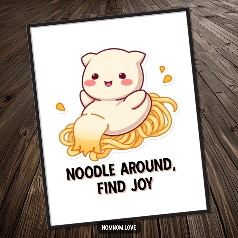 Funny Free Printable Wall Art: A smiling dumpling character having fun sliding down a long noodle strand.