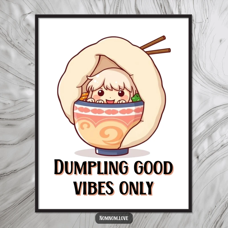 Funny free printable wall art of a whimsical ramen bowl character hiding behind a giant dumpling, adding quirky charm to any decor.