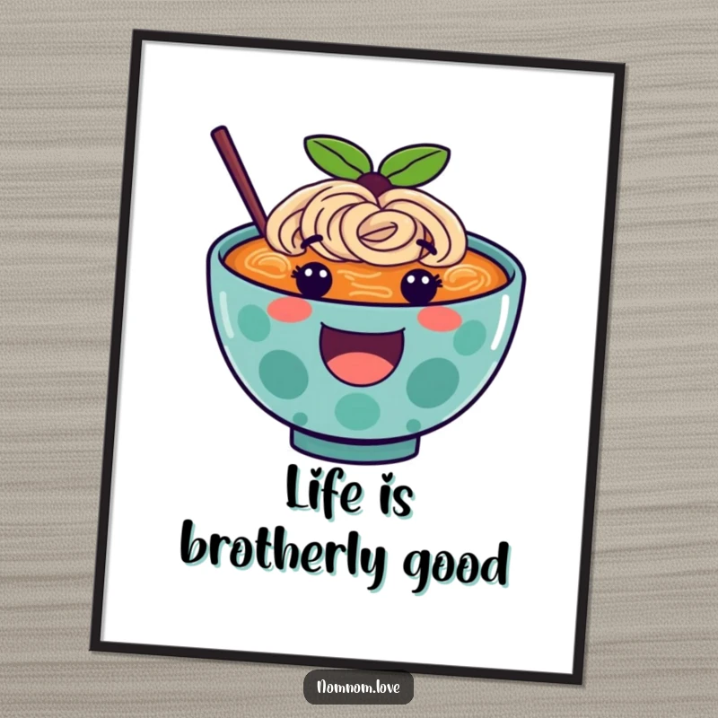 Funny Free Printable Ramen Wall Art: A happy ramen bowl with a cheerful mouth bouncing on its rich broth, humorous decor.