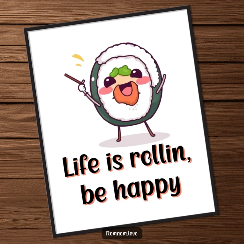 Funny Free Printable Wall Art: A cheerful sushi character masterfully juggling tiny chopsticks, full of playful energy.