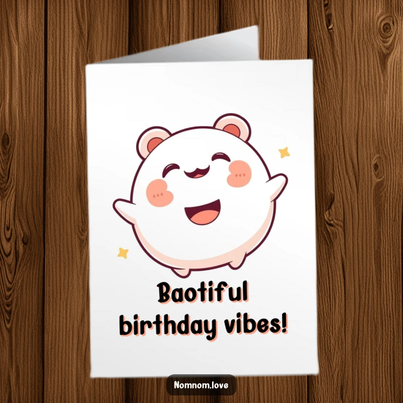 Funny Free Printable Birthday Card: Gleeful bao bun with a wide smile bounces with excitement for your birthday.