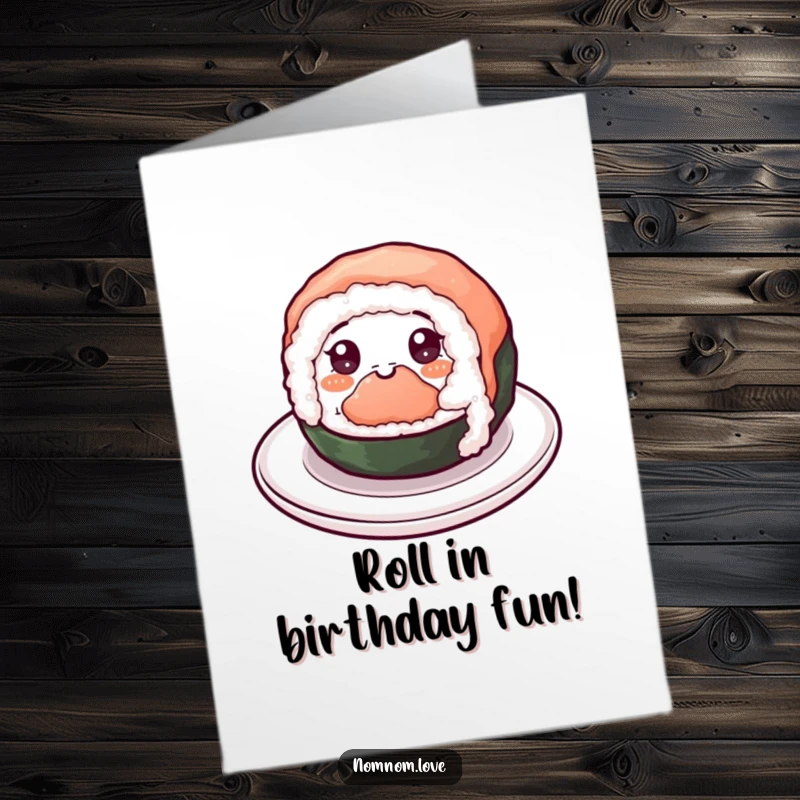 Funny Free Printable Birthday Card: Cheerful sushi roll with eyes spinning happily on a plate, birthday joy