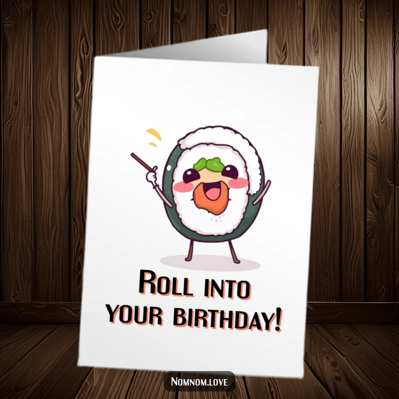 Funny Free Printable Birthday Card: A cheerful sushi roll character joyfully juggling tiny chopsticks with a big smile.