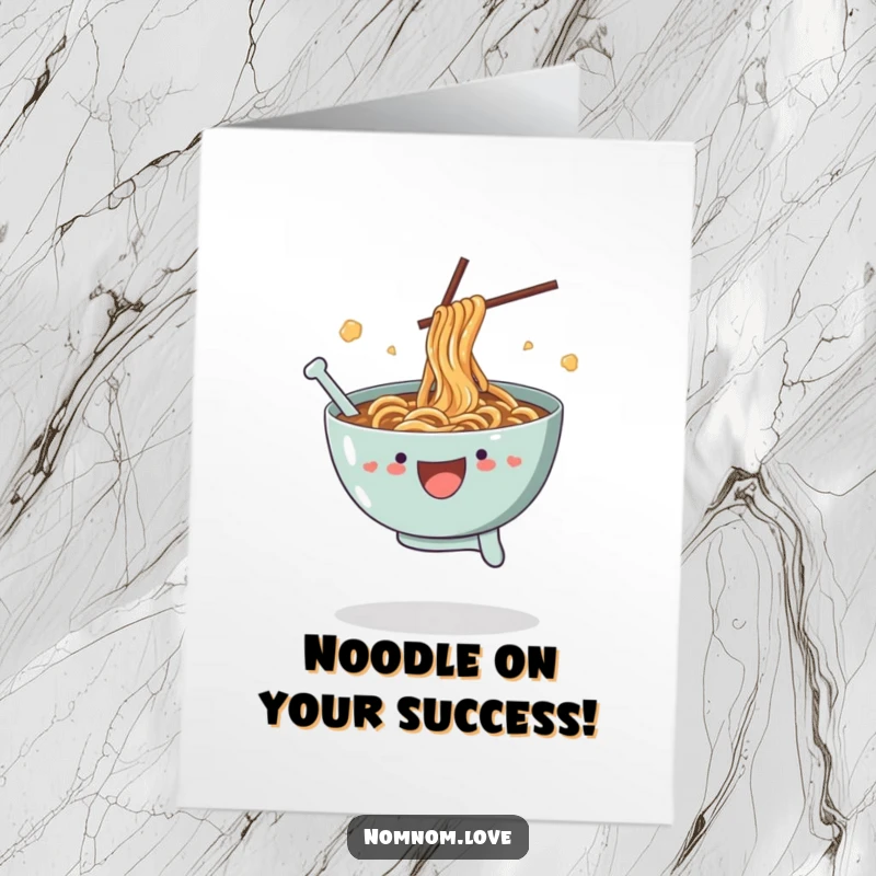 Funny Free Printable Congratulations Card: Joyful ramen bowl leaping, splashing broth, celebrating achievement
