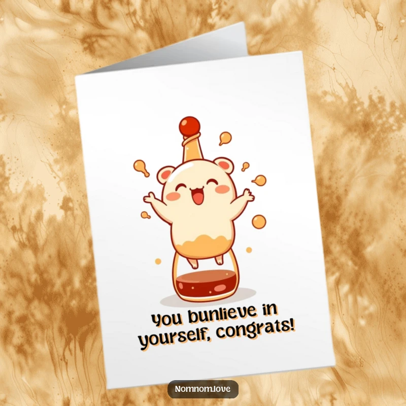 Funny Free Printable Congratulations Card: A delighted bao bun dancing on a soy sauce bottle, celebrating a win.