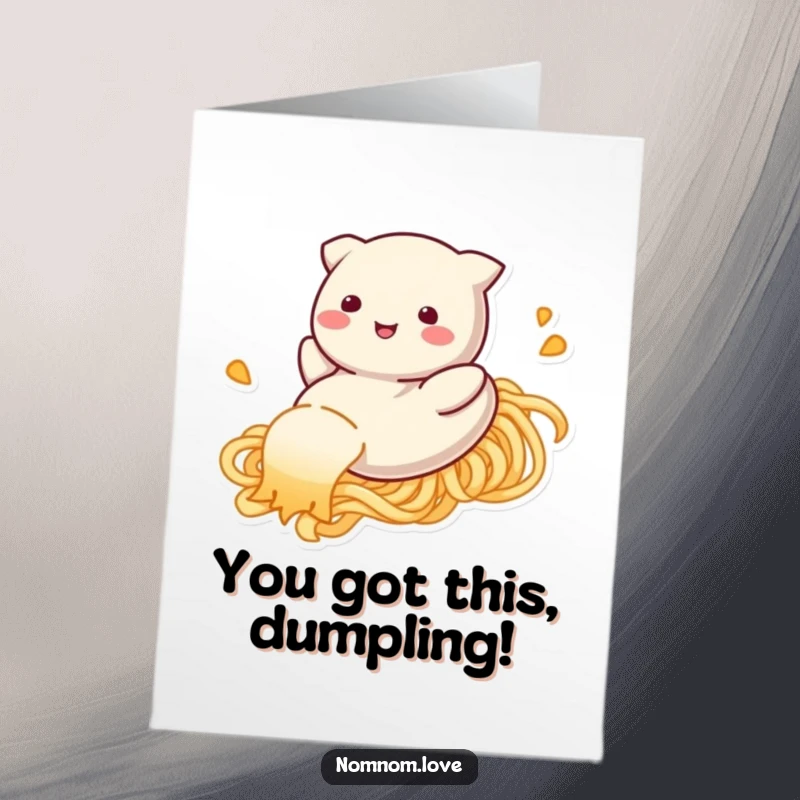 Funny Free Printable Congratulations Card: A smiling dumpling sliding down a noodle, celebrating a successful milestone.
