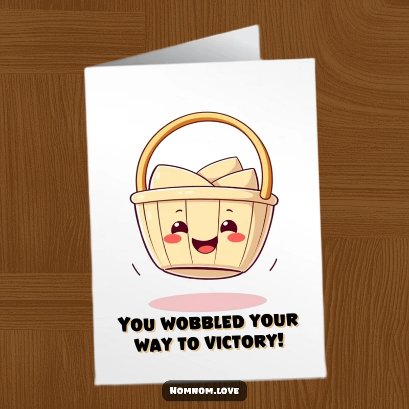 Funny Free Printable Congrats Card: A smiling dim sum basket playfully wobbles, celebrating achievements with cheer.