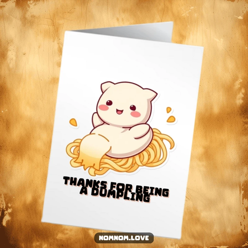 Funny Free Printable Thank You Card: A smiling dumpling playfully sliding down a noodle, conveying thanks with humor.