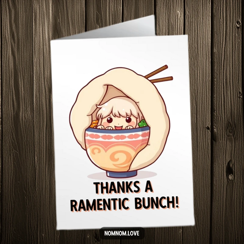 Funny free printable thank you card featuring a cute ramen bowl character peeking from behind a giant dumpling, expressing thanks with humor.