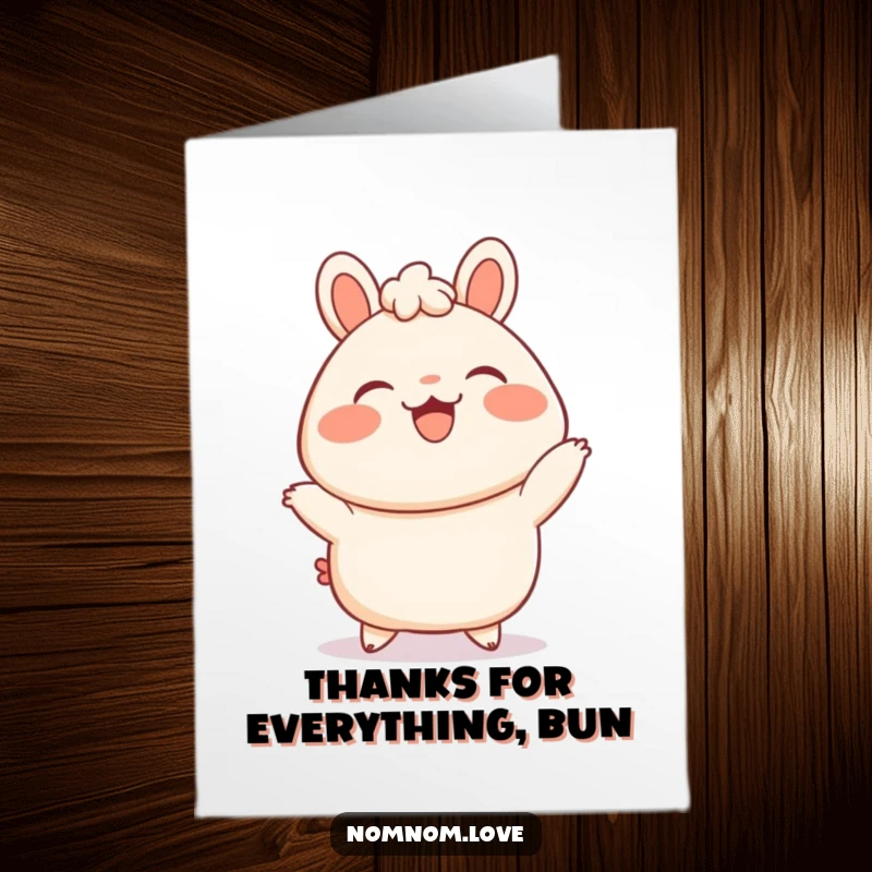 Funny Free Printable Thank You Card: Delighted bao bun with blushing cheeks doing a little dance, expressing thanks