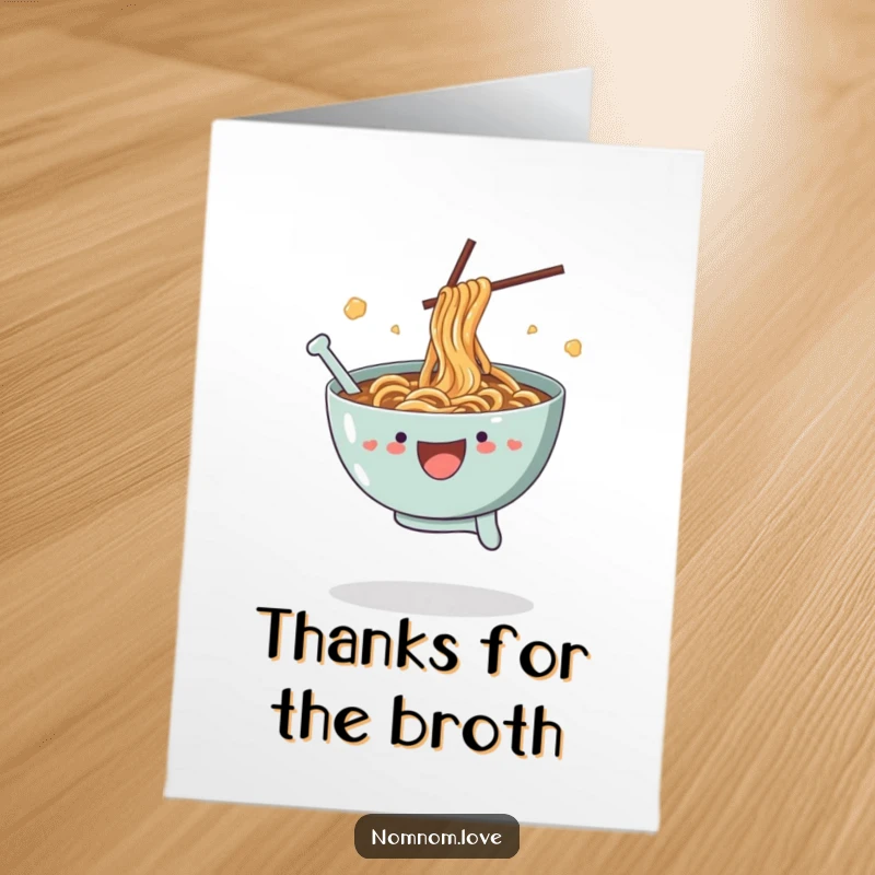 Funny Free Printable Thank You Card: Joyful ramen bowl leaping, splashing broth, expressing thanks