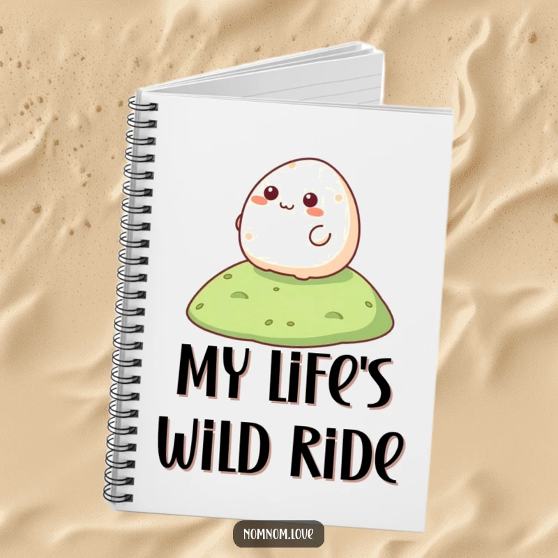 Funny Mochi Notebook with a happy mochi rolling down a hill, perfect for jotting down funny thoughts.